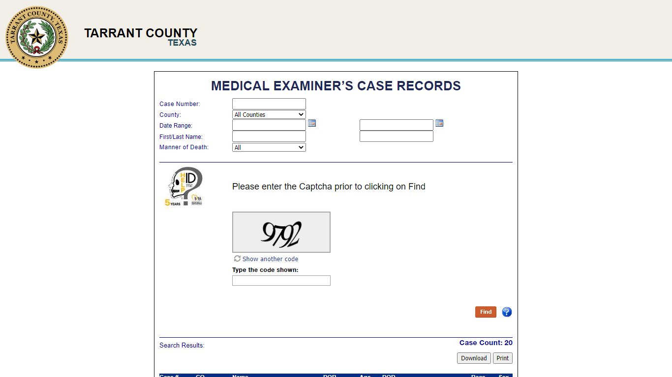 Medical Examiner’s Case Records - Tarrant County, Texas